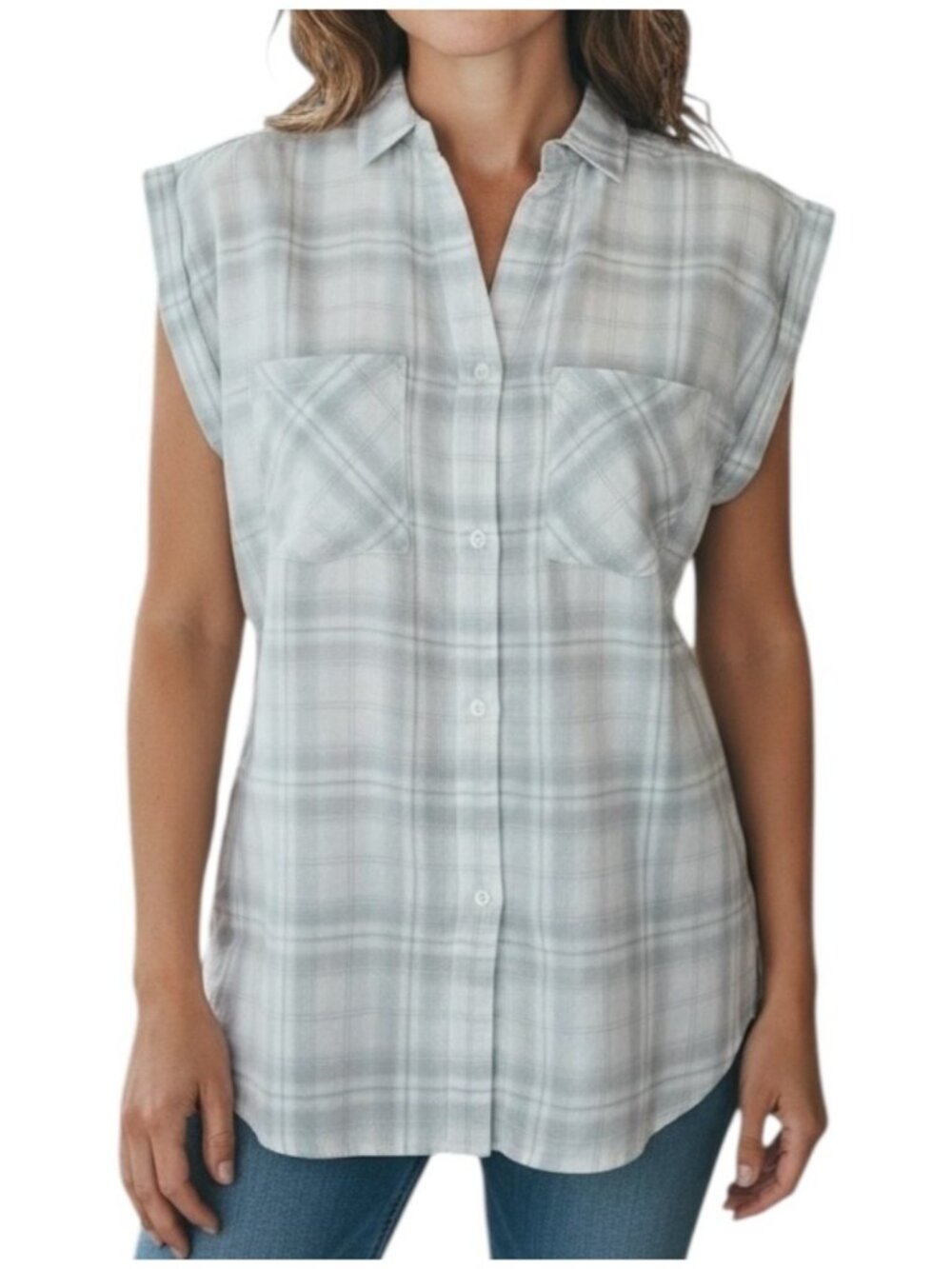 UNTUCKIT Womens Villefranche Button Up Blouse~Size 2~Gray Ivory Plaid NWT L3 27